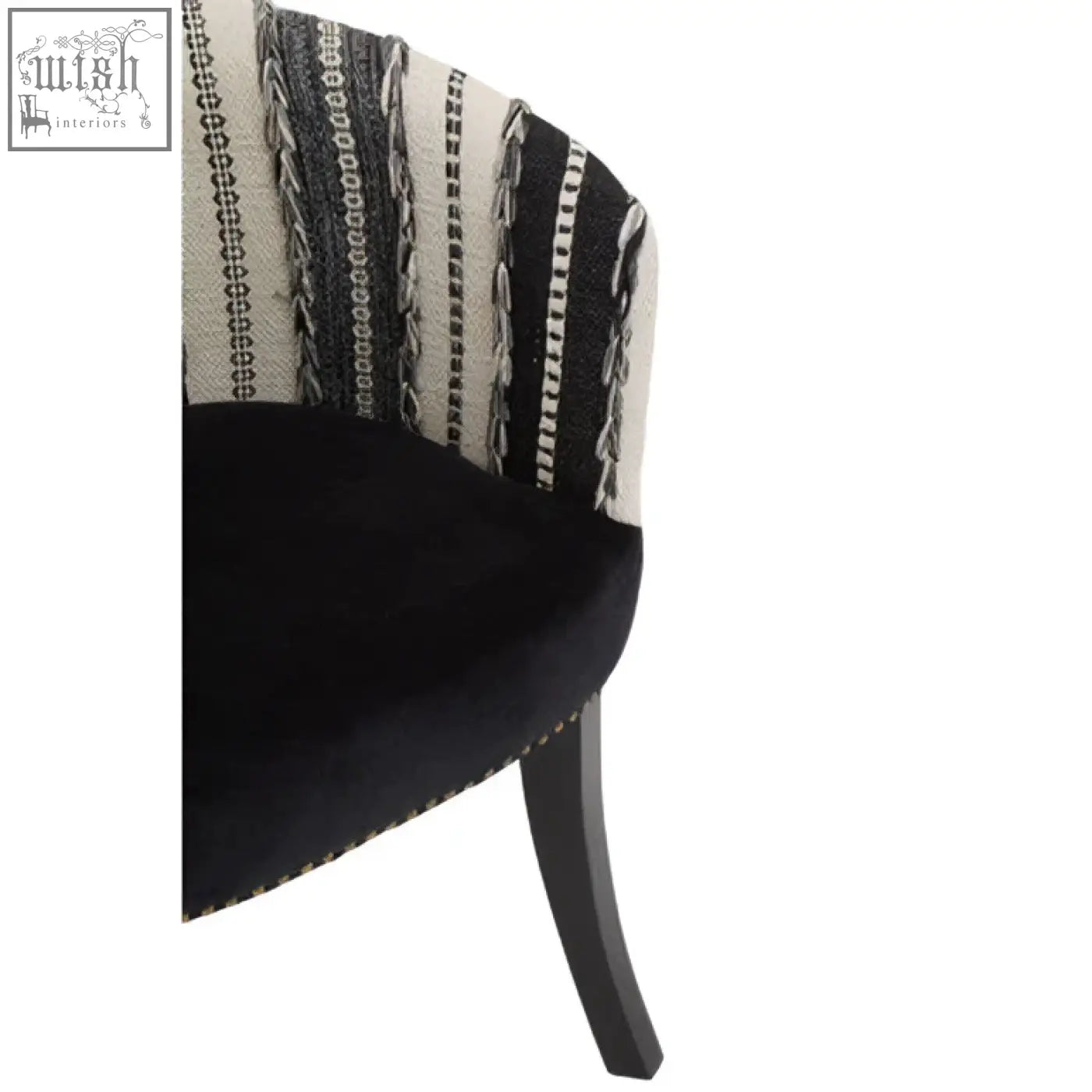 Cefena black and white chair with black velvet high back upholstered in striped fabric on mango wood adds depth