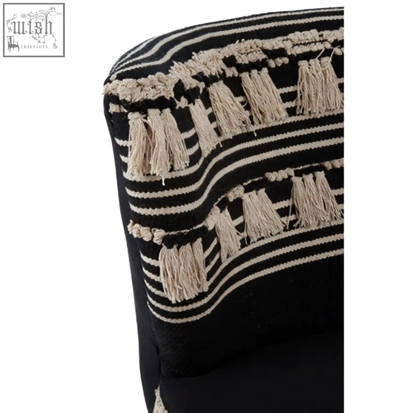 Black and cream striped cushion with tassel trim on cefena black moroccan chair for stylish comfort