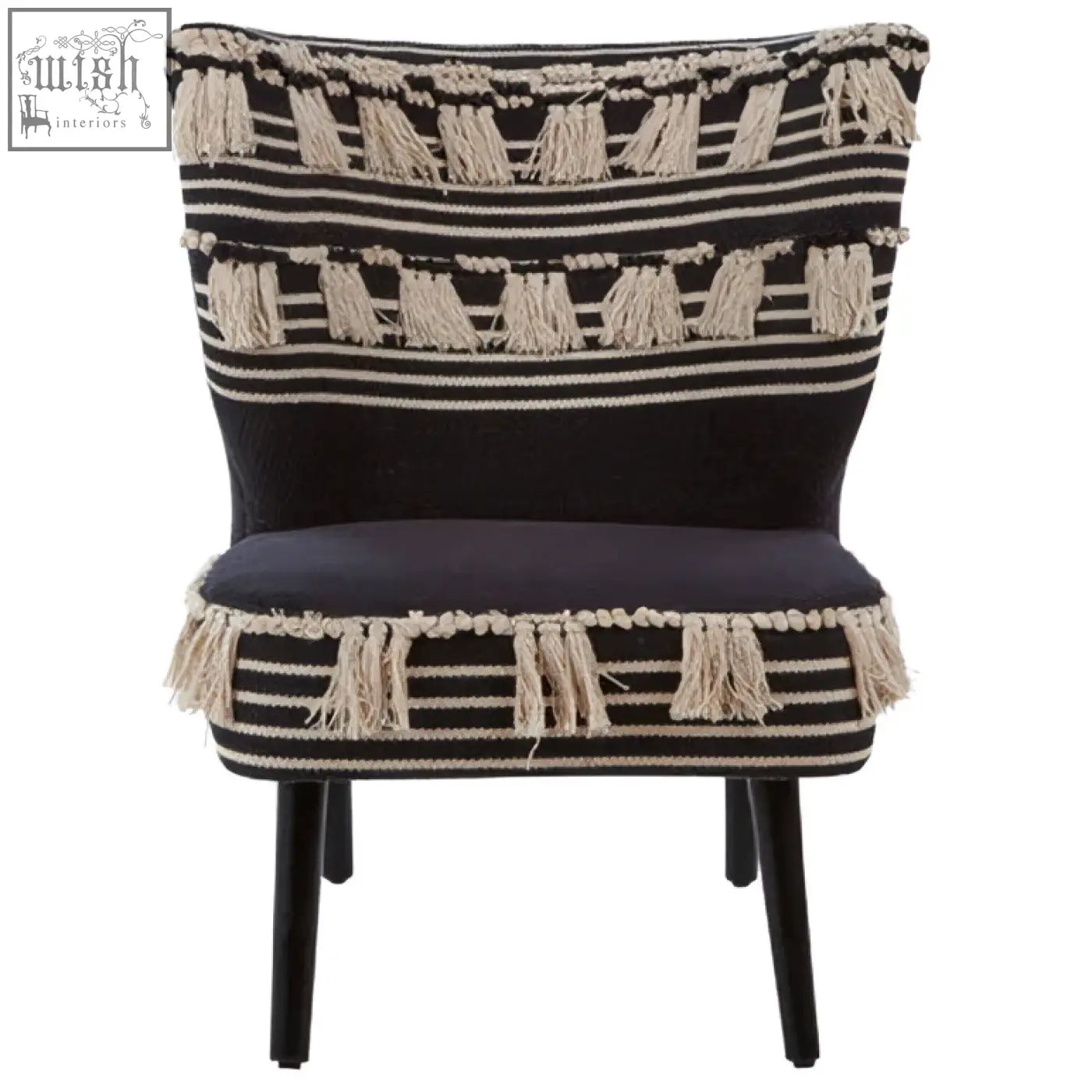 Cefena black moroccan chair with black and cream stripes and tassels on a cozy armchair design
