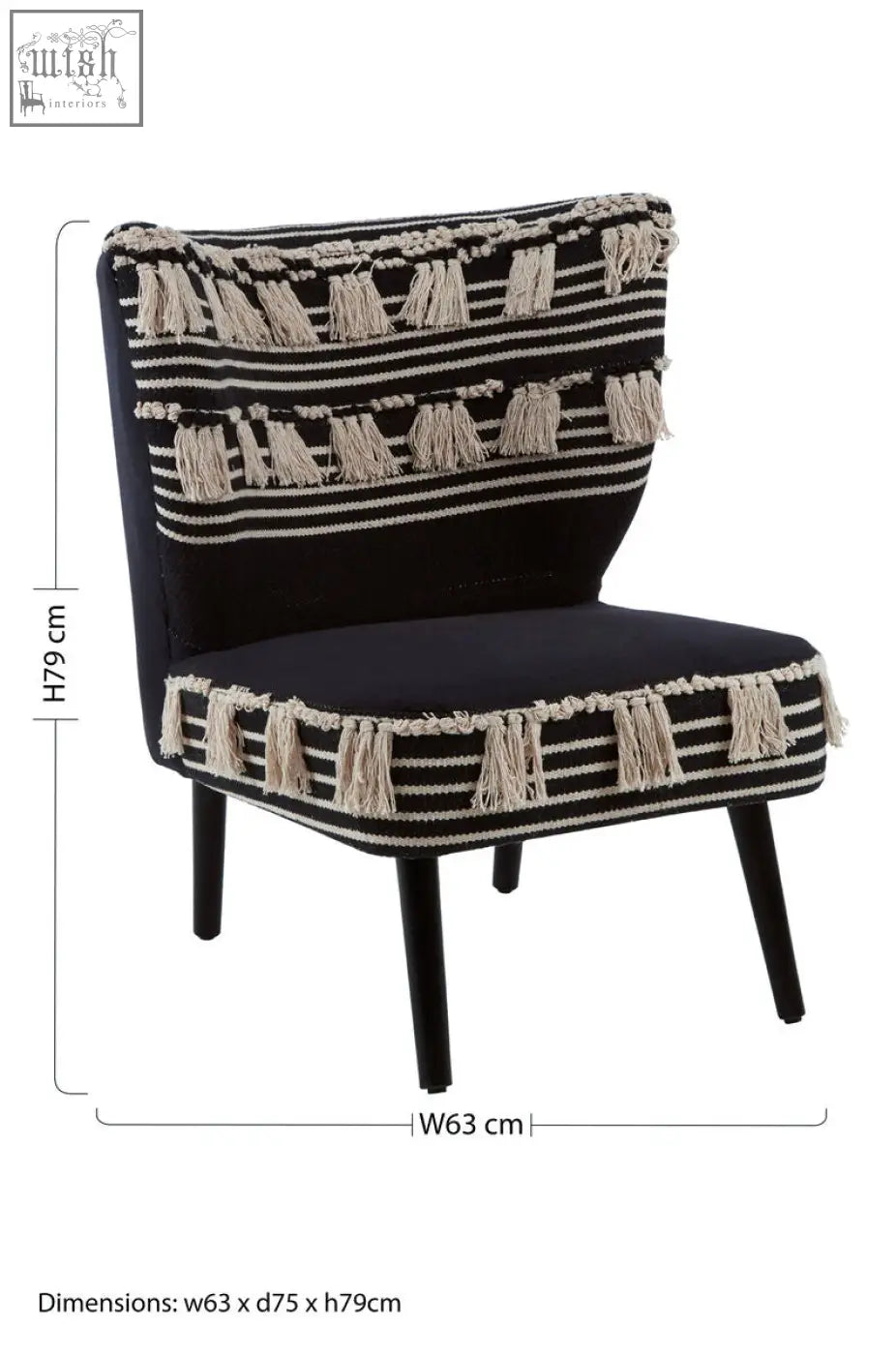 Cefena black moroccan chair with black upholstery white stripes and cream tassels on backrest seat and sides