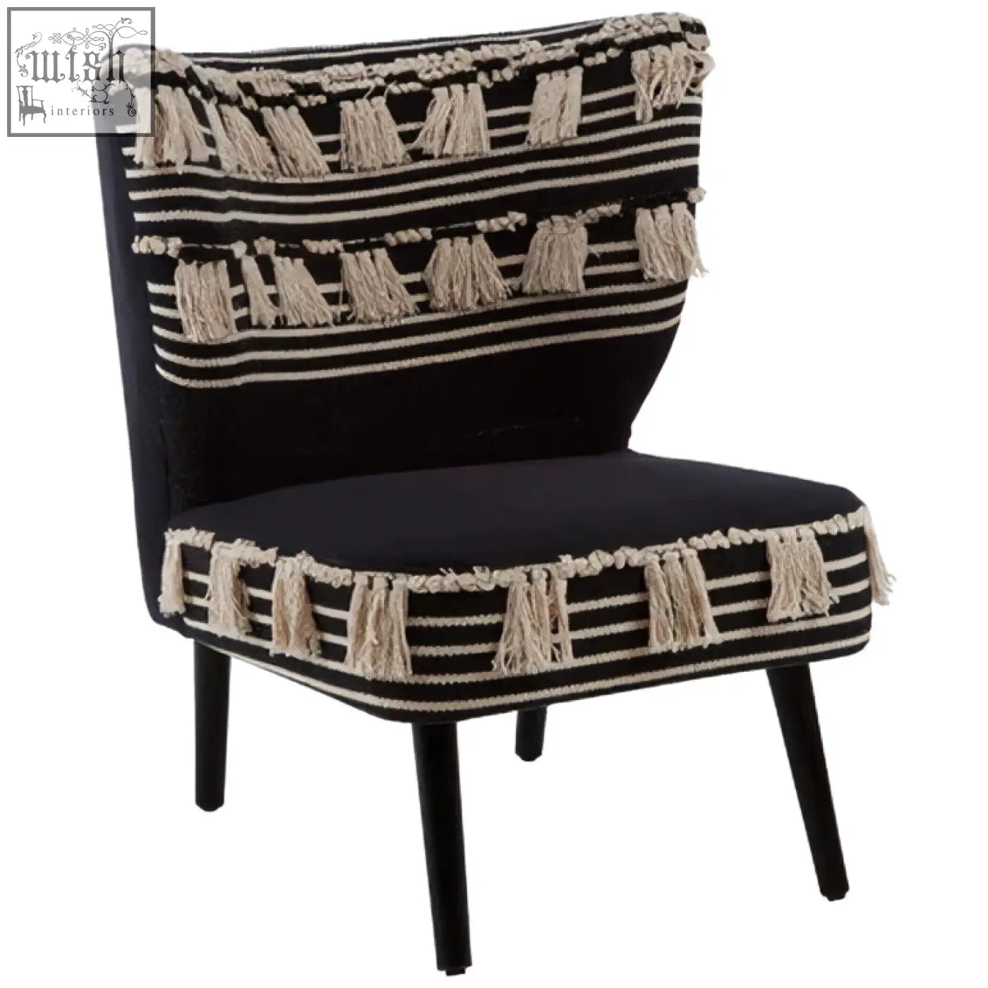 Black moroccan chair cefena black upholstered armchair with cream tassels and striped pattern