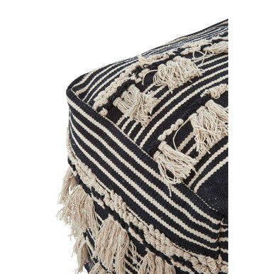 Cecena black pouffe in black and cream stripes with tassels, perfect for stylish seating or footrest