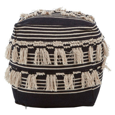 Black and cream striped cefena black pouffe with tassels for stylish and comfy seating options