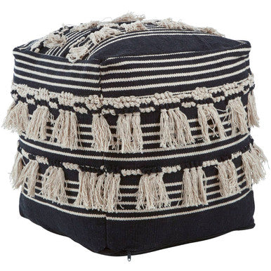 Black and white striped cefena black pouffe with fringed tassels perfect as a cozy black pouffe seat or footrest