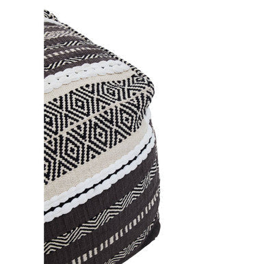 Cefena grey and white pouffe with black and white geometric woven pattern and cream trim for stylish seating