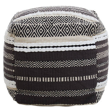 Cefena grey and white pouffe woven with black and white geometric patterns perfect for casual seating or decor
