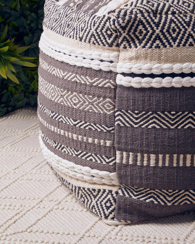 Gray and white patterned pouf with geometric designs perfect as a cefena grey and white pouffe accent seat