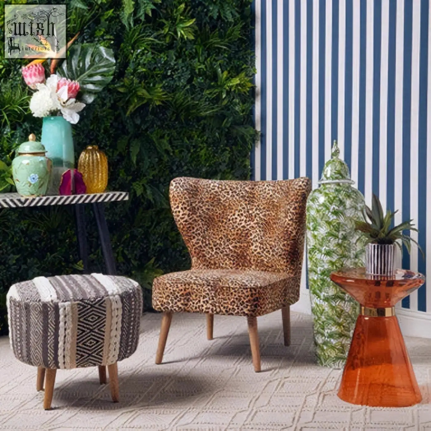 Leopard print velvet single chair with wooden legs and sleek fine frame in natural wood color