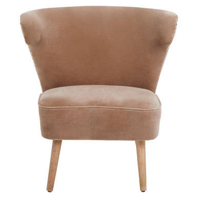 Beige cefena mink velvet armchair with natural linen chair fabric and wooden legs for cozy seating