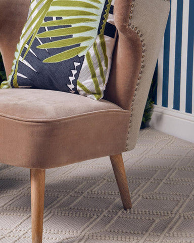 Beige cefena mink velvet armchair with natural linen chair accents wooden legs and decorative nailhead trim