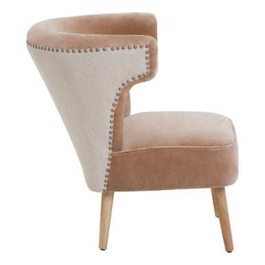 Beige cefena mink velvet armchair with curved back wooden legs silver nailhead trim natural linen chair