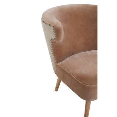 Tan velvet armchair with wooden legs and nailhead trim in cefena mink velvet and natural linen chair style