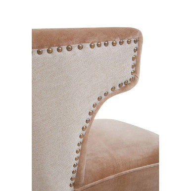 Beige cefena mink velvet and natural linen chair with curved backrest and brass nailhead trim