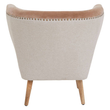 Beige cefena mink velvet and natural linen chair with tufted backrest and wooden legs for cozy seating