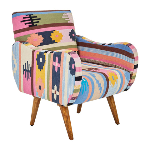 Vibrant retro-style cefena multi coloured fabric chair with geometric patterns and mango wood legs
