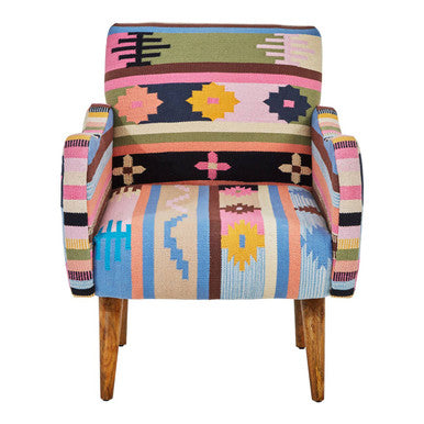 A vibrant cefena multi coloured fabric chair with geometric patterns and sturdy mango wood legs