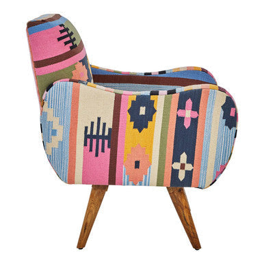 A vibrant cefena multi coloured fabric chair with colorful geometric tapestry and mango wood legs