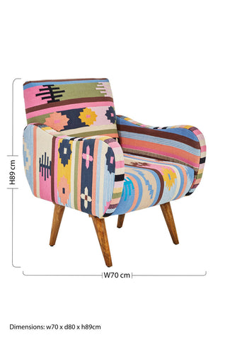 A vibrant mid-century modern armchair with colorful woven fabric and mango wood legs for stylish seating