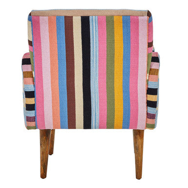 Vibrant multicolored striped fabric chair with mango wood legs and woven upholstery for stylish seating