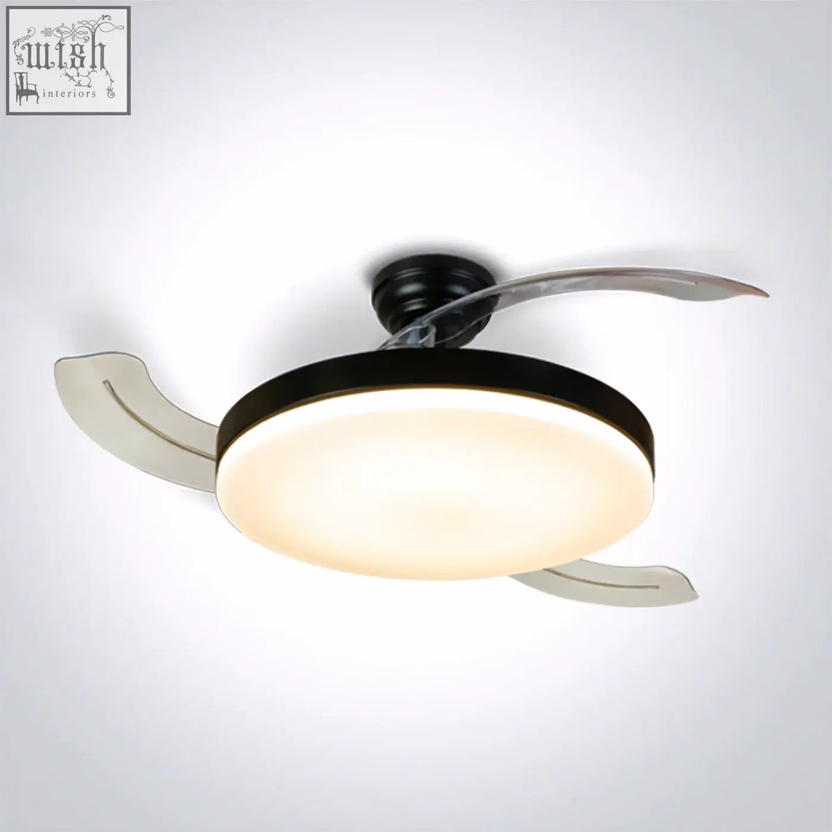 Black and silver rod mounted ceiling fan with transparent blades and integrated light fixture winter reverse mode