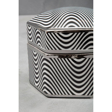 Celeste large trinket box with black and white wavy stripes silver metallic trim and a coordinated lid