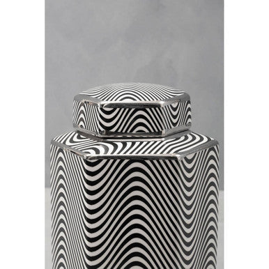 Celeste small ceramic jar with black and white zigzag pattern and matching fitted hexagonal lid
