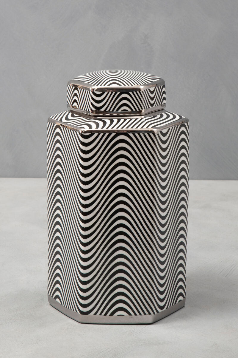 Celeste small ceramic jar with black and white wavy stripes and a silver-toned fitted lid