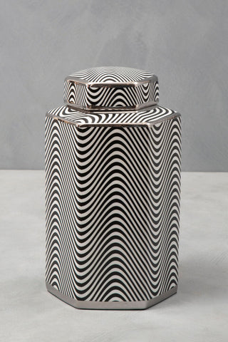 Celeste small ceramic jar with black and white wavy stripes and a silver-toned fitted lid