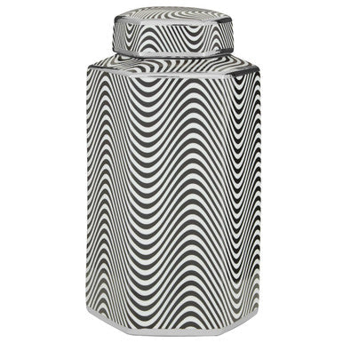 Celeste small ceramic jar with silver finish, black and white geometric wave pattern, and fitted lid
