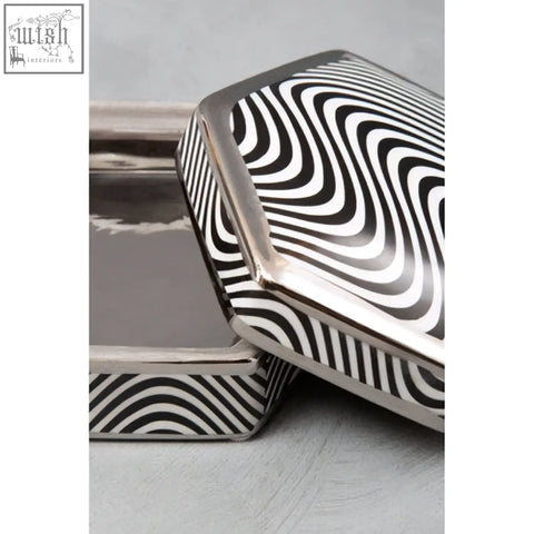 Celeste small trinket box with zebra-striped ceramic body and metallic silver lid small trinket storage box