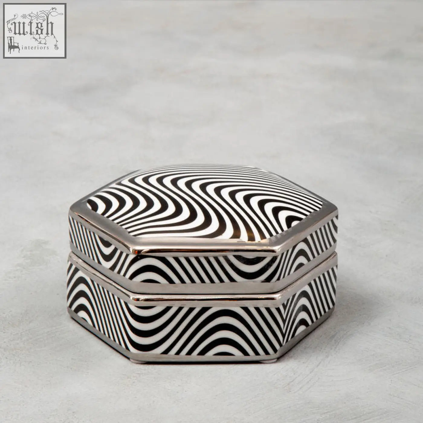 Celeste small trinket box with octagonal ceramic shape black and white wavy stripes and silver metallic edges