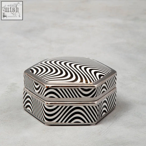 Celeste small trinket box with octagonal ceramic shape black and white wavy stripes and silver metallic edges