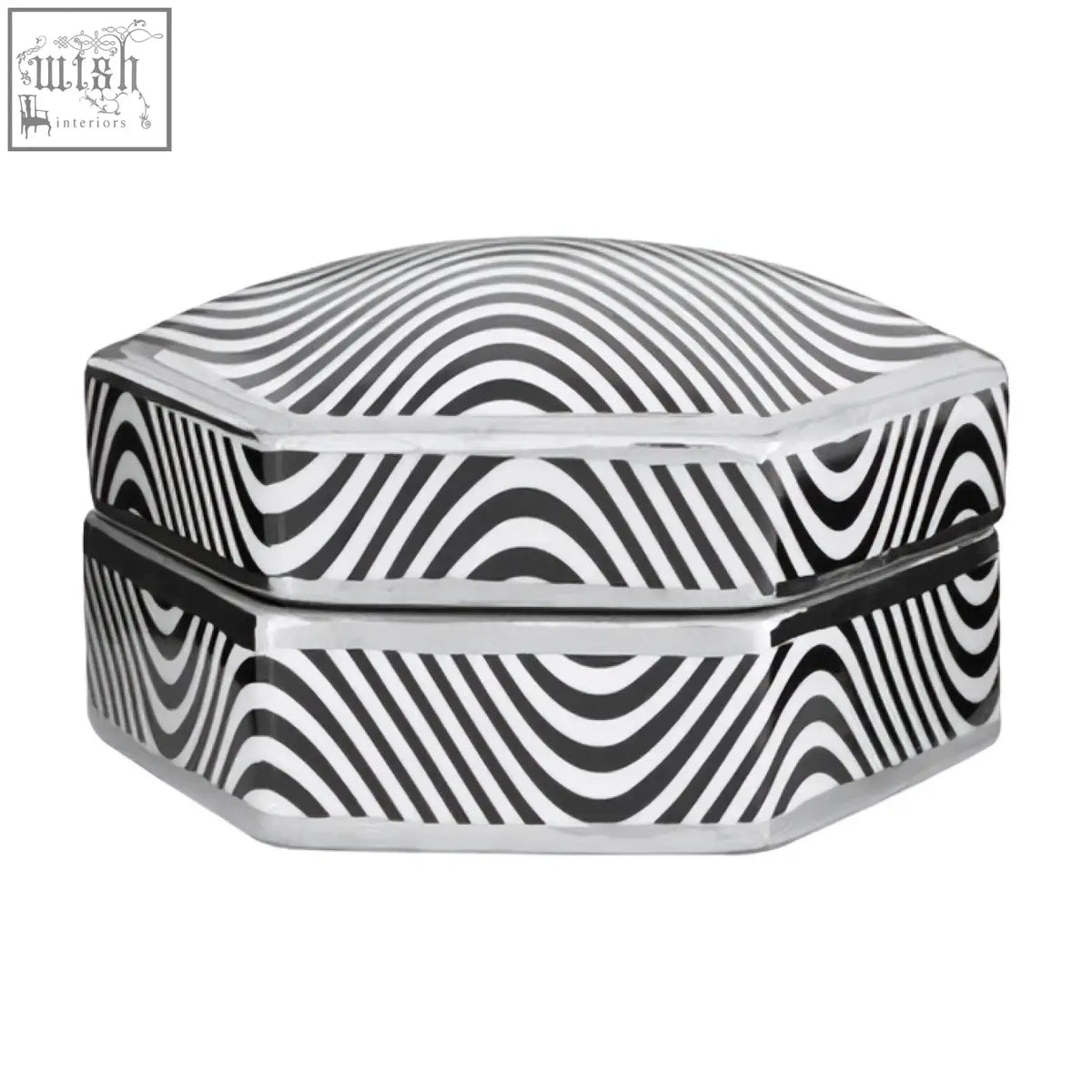 Octagonal silver small trinket box with bold black and white wavy stripe pattern celeste small trinket box