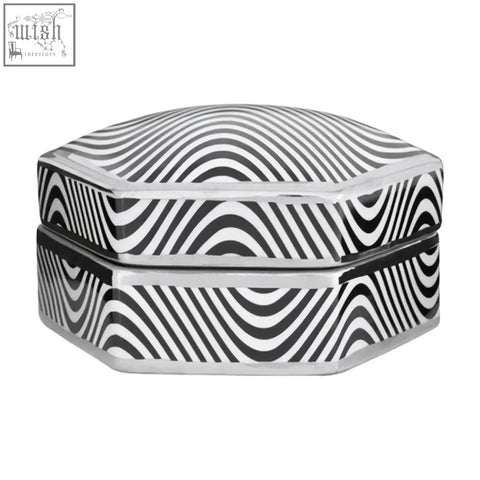 Octagonal silver small trinket box with bold black and white wavy stripe pattern celeste small trinket box