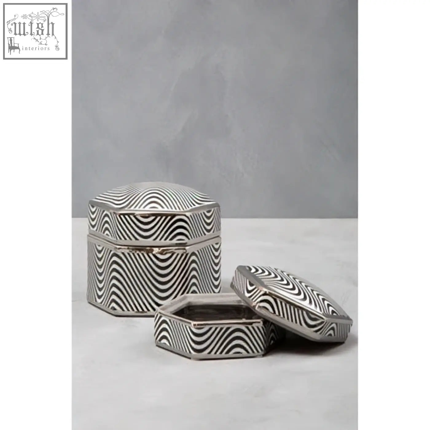 Silver octagonal small trinket box with black and white zebra-striped pattern called celeste trinket box