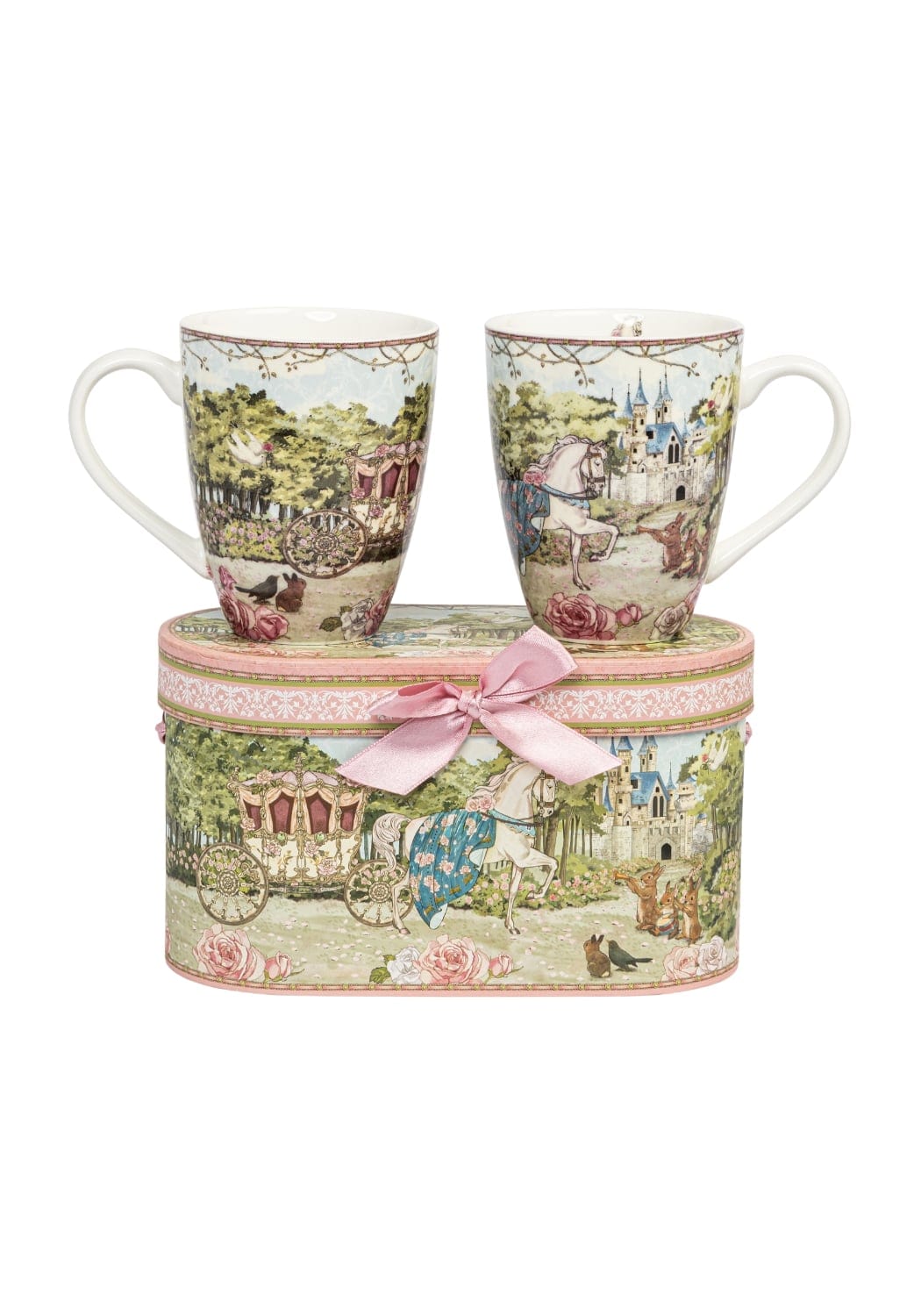 Two matching porcelain celeste storybook village mugs with pastel fairy tale design and gift box included