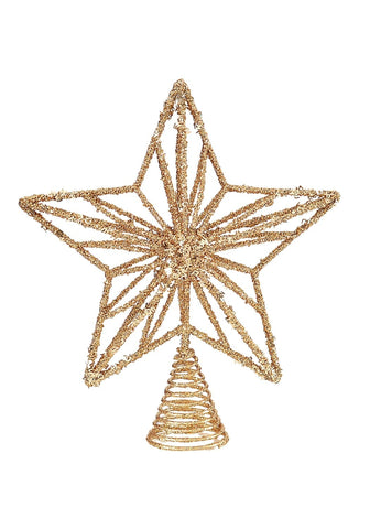Celestial glow gold wire star tree topper with glittery wire star and spiral base for festive holiday decor