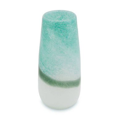 A large turquoise and white ombre vase made of translucent glass with a frosted textured surface