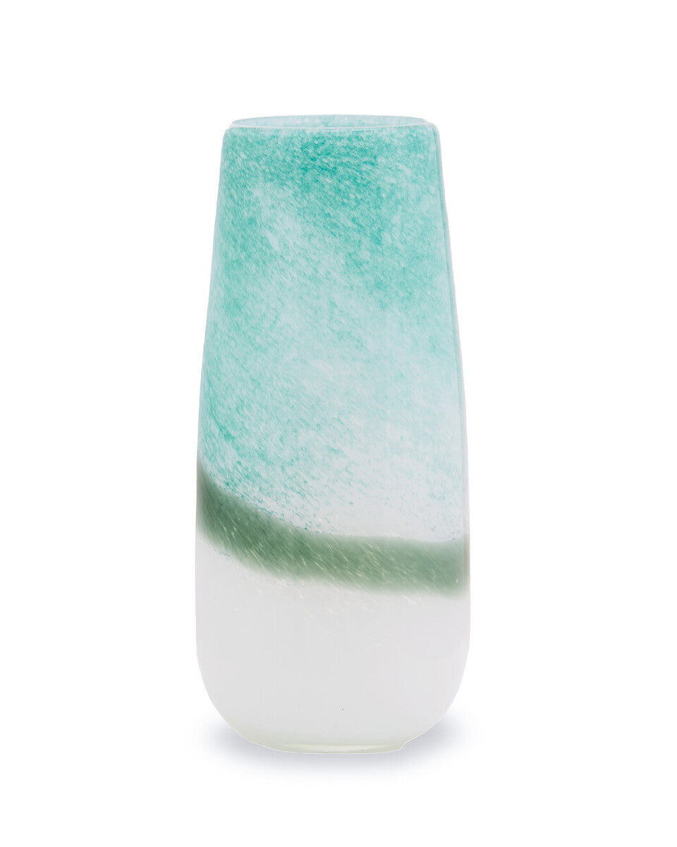 A large turquoise and white ombre vase made of translucent glass with a textured marbled finish