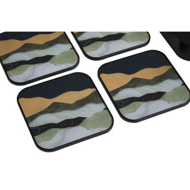 Set of four square coasters with abstract wavy patterns in black olive green and mustard yellow on a dark base