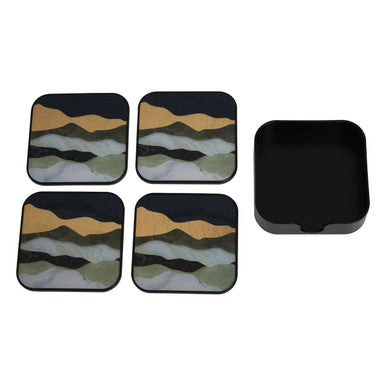 Celina set of four square coasters with abstract mountain design in earthy tones and black borders with tray