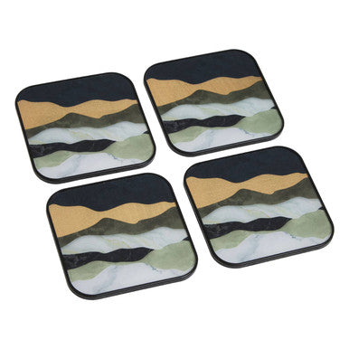 Celina set of four square coasters with abstract wavy mountain designs in ochre sage green and black colors