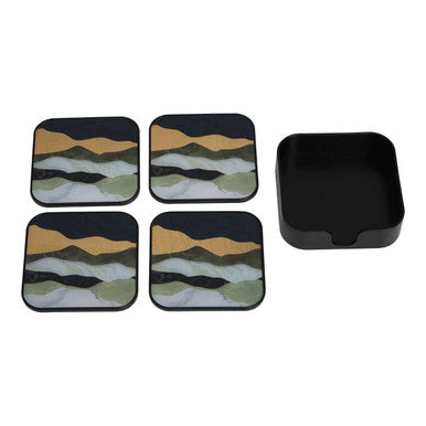Set of four black square coasters with abstract earthy landscape design and matching black rectangular tray