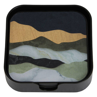 Celina set of four square coasters with black base and layered gold white green landscape design for stylish table use