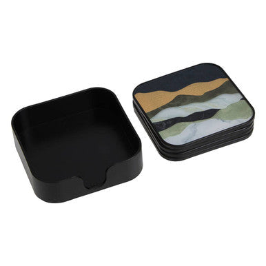Celina set of four square coasters with black edges and abstract earthy landscape design stacked neatly