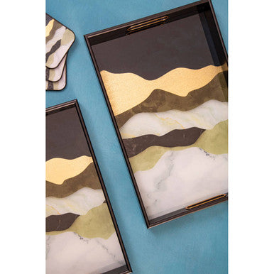 Black rectangular serving tray with glossy finish and gold beige abstract landscape design for square coasters set