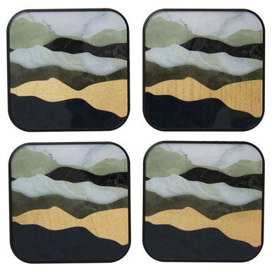 Celina set of four square coasters with layered abstract mountain design in muted greens white and gold on dark base