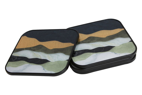 Celina set of four square coasters with modern abstract landscape design in black gold white and olive green tones