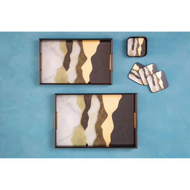 Set of two rectangular trays with abstract wavy patterns in beige olive green and dark brown on black frame for square coasters