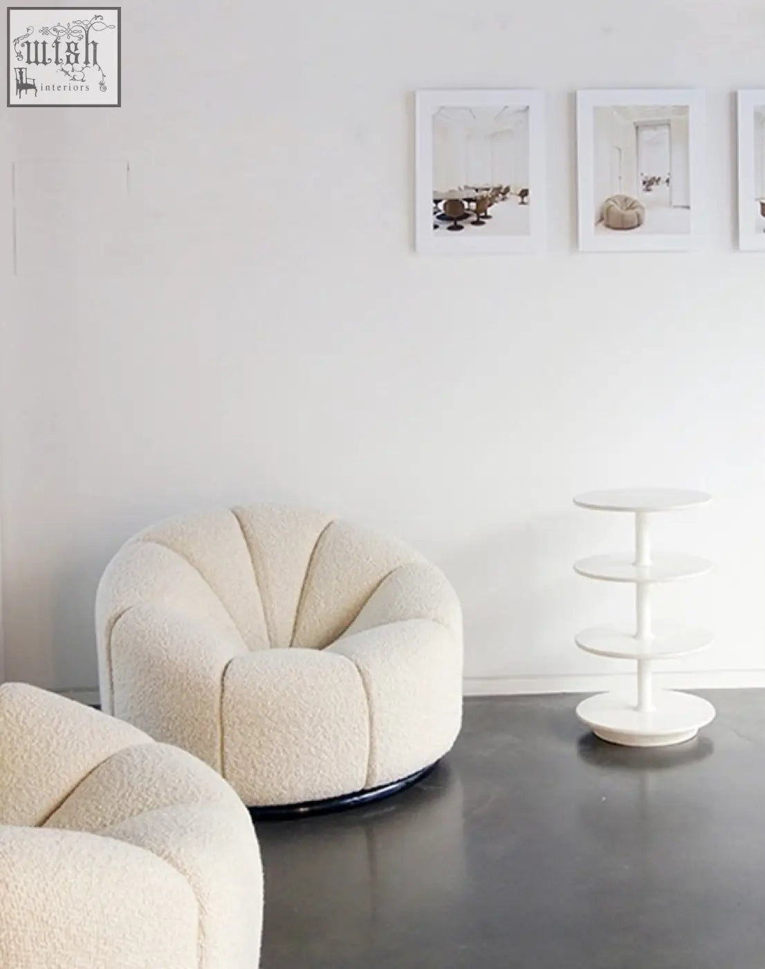 Cream-colored plush pumpkin round armchair with soft textured white boucle fabric finish perfect for cozy seating